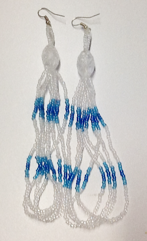 Long Beaded Hoop Earrings blue and white 