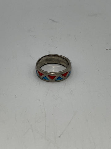 Blue and Red Triangle Sterling Silver Ring  | Size 9