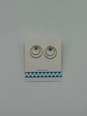 Double Ringed Silver Earrings with Turquoise Stone