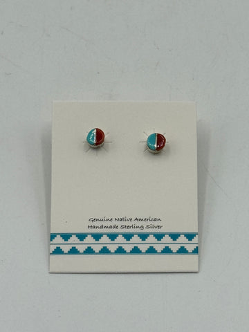 Silver Stud Earrings (Half Turquoise Half Red)