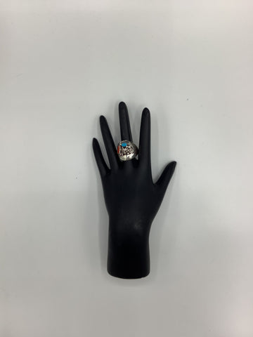 Silver Wolf Face Ring with Red and Turquoise Stone (Size 12)