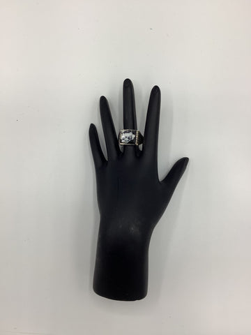 Silver Ring with a Black and White Marbled Square Stone (Size 13)