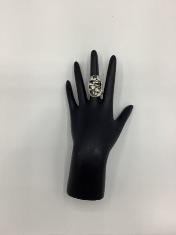 Silver Ring with a Black and White Marbled Stone (Size 8)