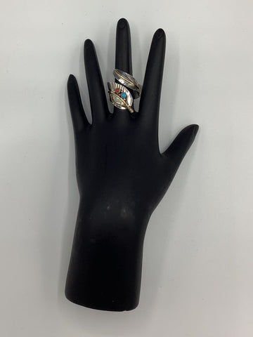 Silver Feather Wrapped Ring with Colorful Stones
