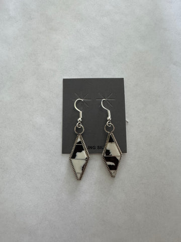 Diamond Shaped Silver Earrings with Black and White Stone