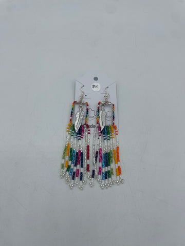 Beaded Earrings (Long Dangle Rainbow with Feathers) - Hector Ibarra and Family