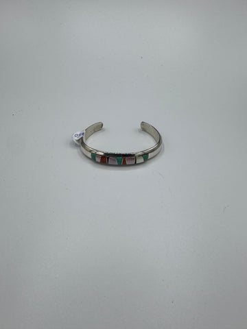 Thick Silver Band Bracelet with Colorful Stones