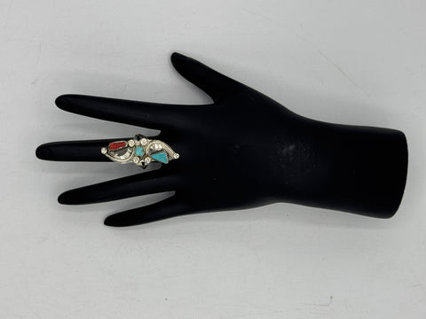 Silver Ring With Feathers, Turquoise and Red Stones