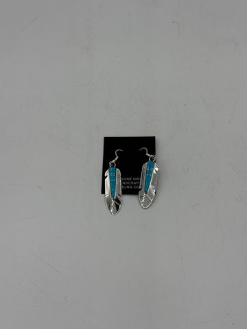 Silver Feather Earrings with Turquoise Pieces