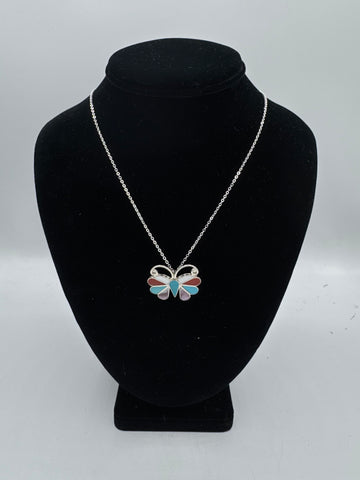 Silver Necklace with Multicolor Butterfly Pendant