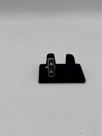 Silver Ring with Black and Multicolor Rectangle Stone