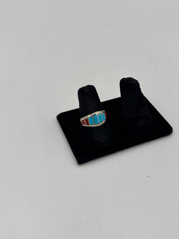 Silver Ring with Turquoise and Red Rectangle Stones