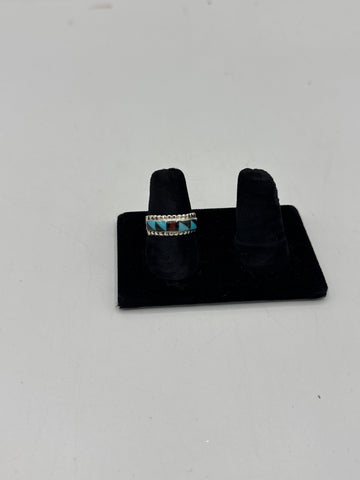 Silver Ring with Triangle Patterned Black, Red, and Turquoise Stone