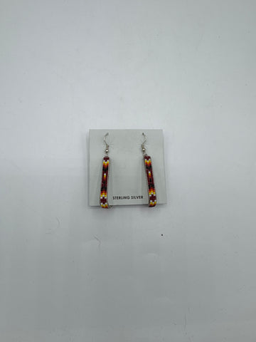 Hook Shape Silver Beaded Earrings (Red)