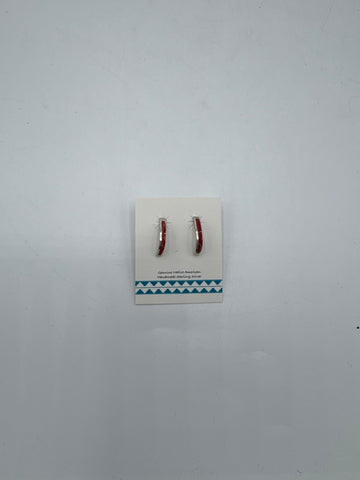 Curved Silver Earrings with Coral Stones