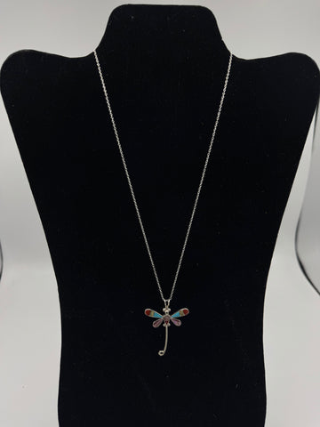 Silver Necklace with Colorful Dragonfly Pendant