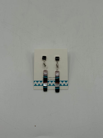 Silver Dangle Earrings with Black White Turquoise and Red Stone