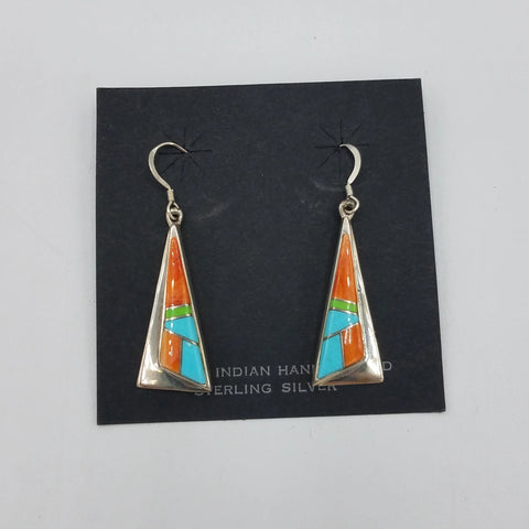Triangular Silver Earrings with Apple Coral and Turquoise | From Albuquerque