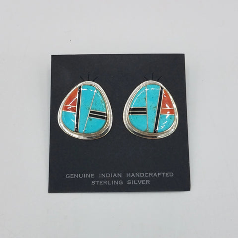 Silver Stud Earrings with Turquoise, Onyx, and Apple Coral | From Albuquerque