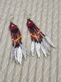 Red & Yellow Beaded Dangle Earrings with Metal Feathers