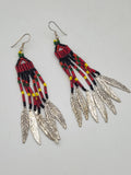 Red & Yellow Beaded Dangle Earrings with Metal Feathers