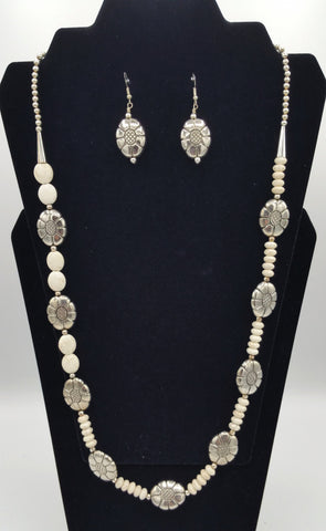 White Stone and Floral Bead Necklace and Earrings - Set | R. Betsol