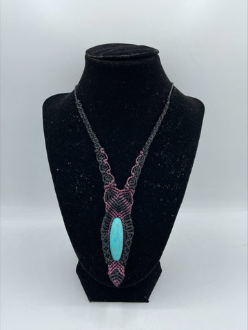 Black and Purple Macrame Necklace, with Oval Turquoise Pendant 25 Inch  | SUSANA HUITRON ALANCO
