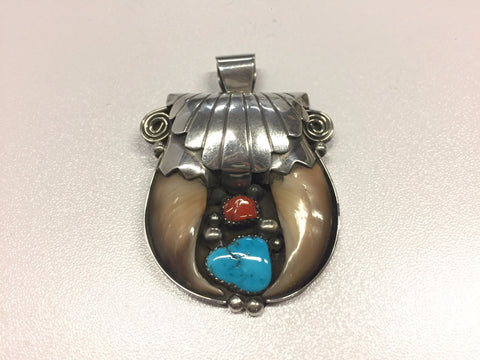 Large Bear Claw Pendant  w/ Turquoise and Coral Stones